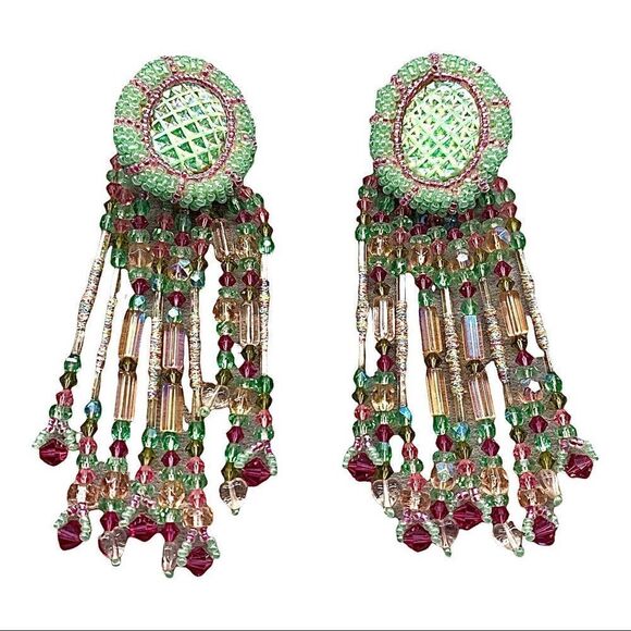 Fabulous huge Iridescent green pink gold chandelier hand crafted earrings - Picture 5 of 7